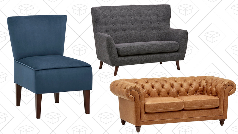 Stone & Beam Bradbury Chesterfield Modern Sofa, 79" W, Cognac | $1,150 | AmazonRivet Ashworth Armless Velvet Accent Chair, Navy | $150 | AmazonRivet Hawthorne Mid-Century Tufted Modern Settee | $425 | Amazon